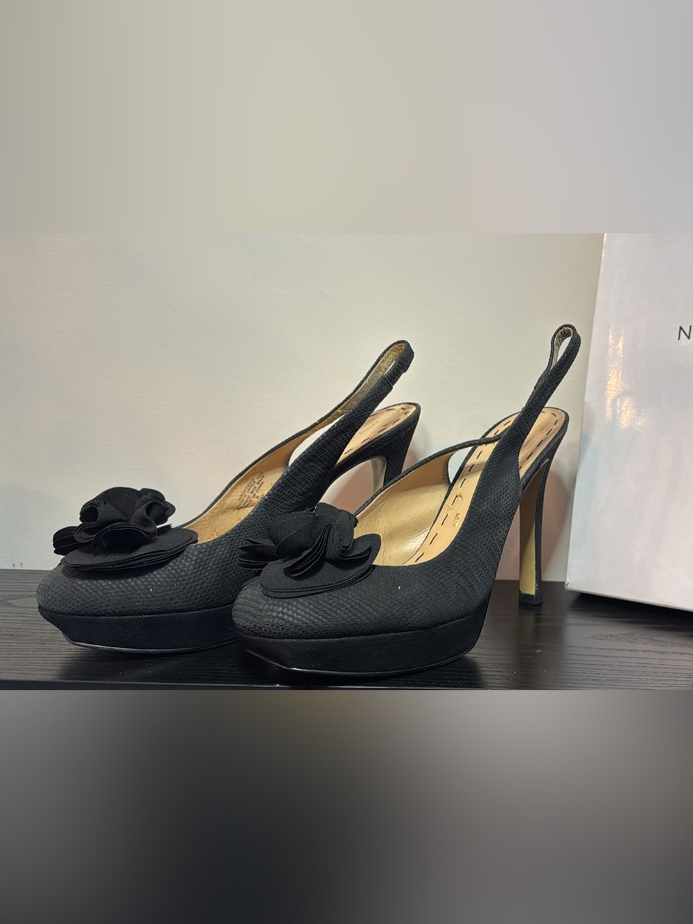 Nine West Black Slingback Platform Pumps with Flower Detail